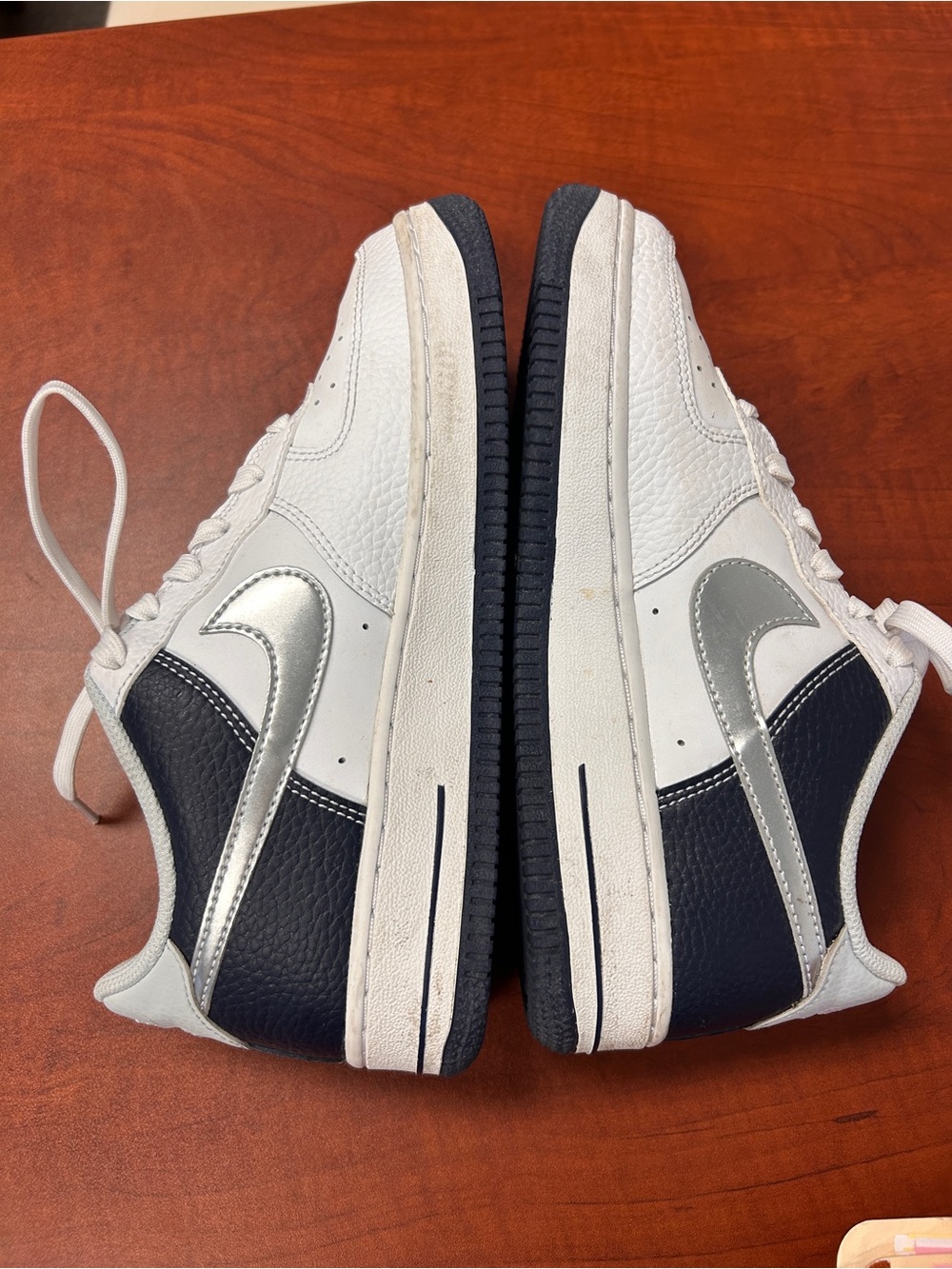 Nike Youth 5 White Navy Low-Top Air Force 1 Sneakers with Silver Swoosh (Pair)